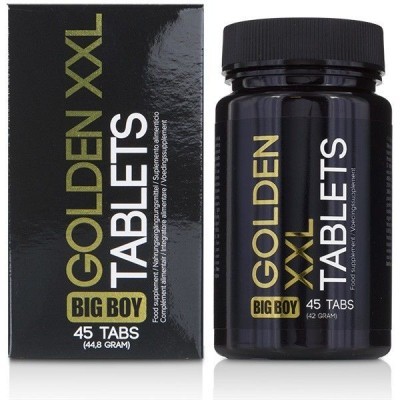 Frasco e caixa preta do suplemento GOLDEN XXL BIG BOY TABLETS com 45 comprimidos