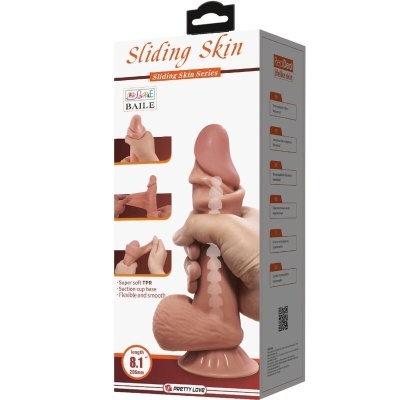 Embalagem de dildo cor pele com texto explicativo e imagens do produto