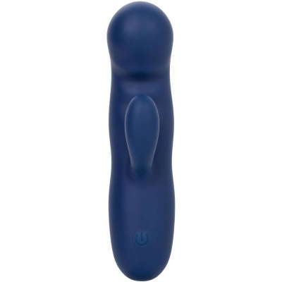 Vibrador azul escuro com botão de power em fundo branco