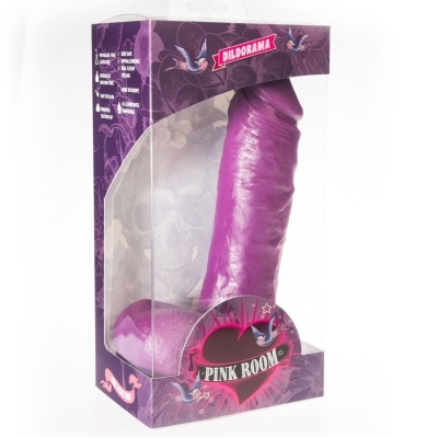 Vibrador púrpura texturizado na caixa roxa com texto DILDORAMA e PINK ROOM