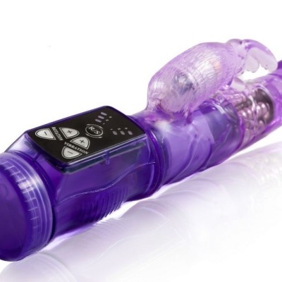 Vibrador roxo translúcido com controlo eletrónico e esferas metálicas internas