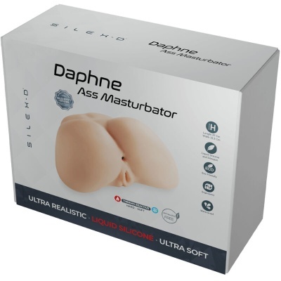 Embalagem branca do Daphne Ass Masturbator com imagem do produto em silicone líquido cor pele