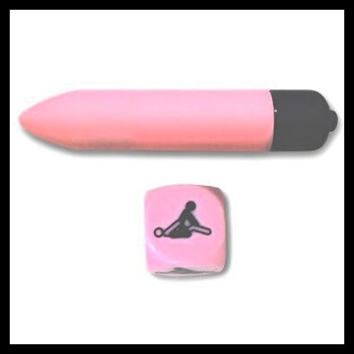 Objeto rosado comprido com extremidade preta e cubo rosa com ícone sexual