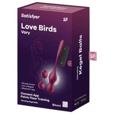 Embalagem roxa do produto Satisfyer Love Birds Vary com texto branco e rosa e imagem do produto e controle remoto