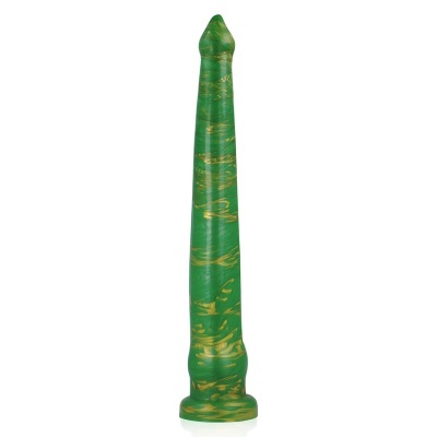 Dildo verde e amarelo sobre fundo branco