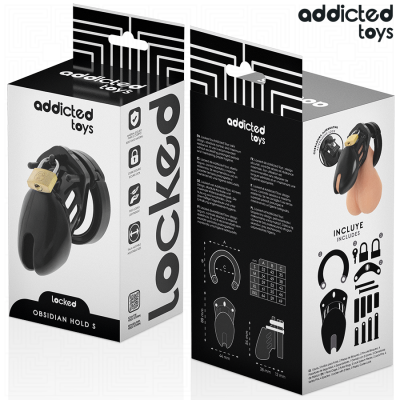 Embalagem de dispositivo preto com cadeado dourado da marca addicted toys modelo Obsidian Hold S