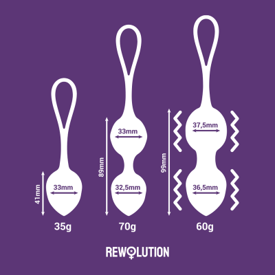 Três produtos brancos com alça em fundo roxo, com dimensões e peso indicados, e texto REWOLUTION