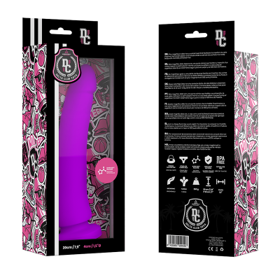 Dildo roxo em embalagem preta com detalhes rosa e cinza e texto informativo