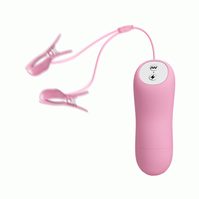 Dispositivo rosa com dois clips ligados a unidade de controlo com botões.