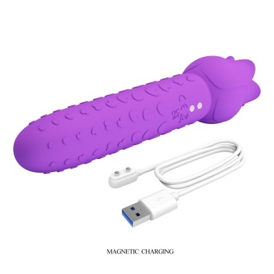 Vibrador roxo texturizado com cabo USB branco em fundo branco
