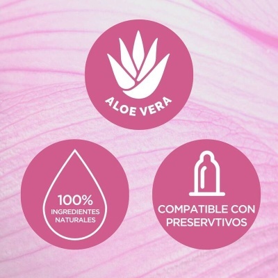 Ícones rosa com texto Aloe Vera, 100% ingredientes naturales, compatible con preservativos