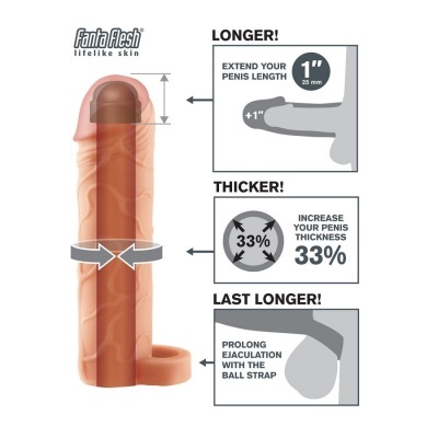 Extensor peniano Fanta Flesh cor pele com elementos explicativos ao lado