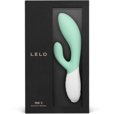 Vibrador verde água e branco com embalagem preta e texto LELO INA 3 Dual-Action Massager