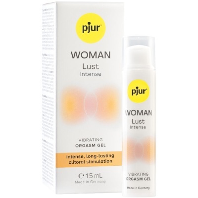 Gel vibratório pjur WOMAN Lust Intense 15 mL em embalagem branca com amarelo e laranja