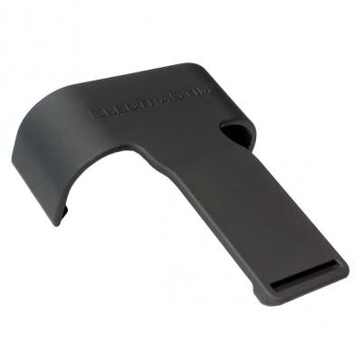 Objeto preto de plástico com palavra ELECTRASTM em relevo