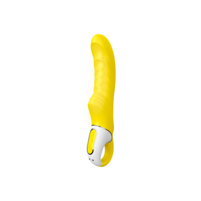 Vibrador amarelo com base branca e controlo amarelo