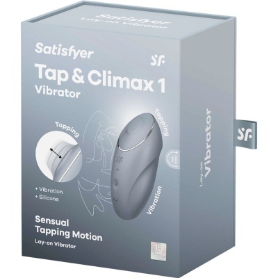 Embalagem cinzenta com vibrador cinzento da marca Satisfyer Tap & Climax 1