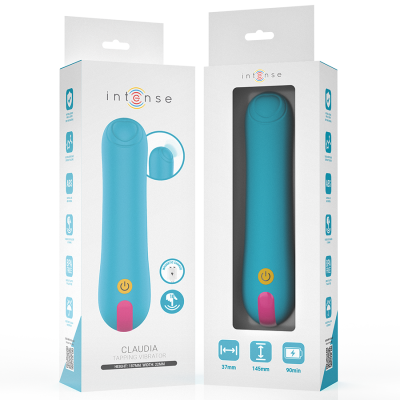 Embalagem branca com vibrador azul modelo Claudia da marca Intense