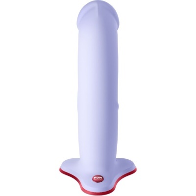 Dildo lilás com base larga vermelha e texto FUN FACTORY na base