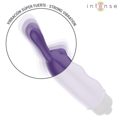 Vibrador roxo e branco com detalhe em forma de coelho e texto sobre vibração forte