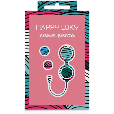 Embalagem de Kegel Beads com padrão colorido e texto 'HAPPY LOKY KEGEL BEADS'.