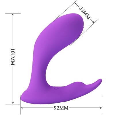 Produto de silicone roxo em forma curva com medidas indicadas