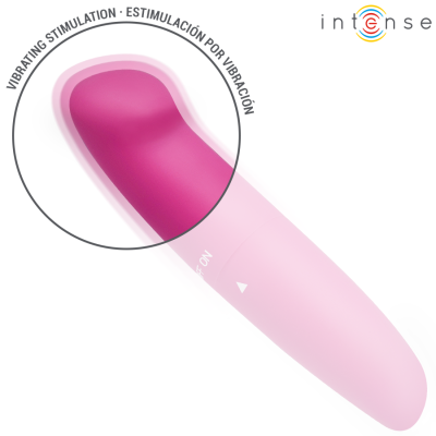 Vibrador rosa com ponta fúcsia, controlo ON/OFF e texto em círculo de estimulação por vibração