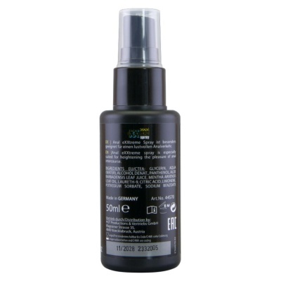 Frasco preto spray anal eXxtreme com tampa transparente e texto em inglês e alemão.