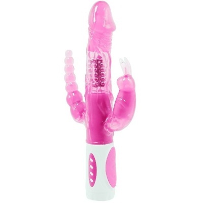 Vibrador rosa com múltiplas extensões e base branca