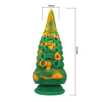 Objeto cónico de silicone verde e amarelo com textura de tentáculos.