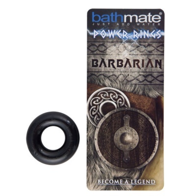 anel preto de silicone e embalagem com texto bathmate power rings barbarian