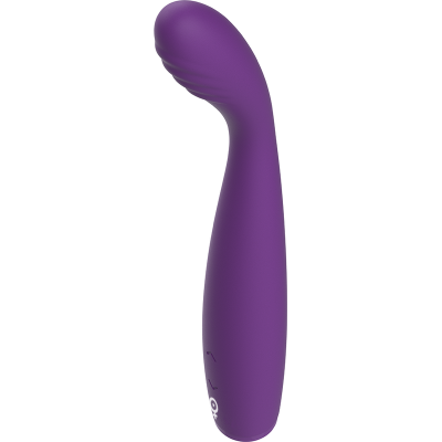 Vibrador curvado roxo com textura ondulada na ponta.