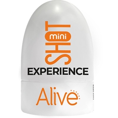 Desodorizante mini shot experience Alive branco com texto laranja e preto.