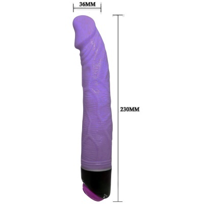 Vibrador roxo com base preta e medidas indicadas