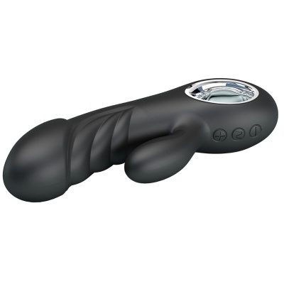 Vibrador preto com botões de controlo e anilha prateada na base