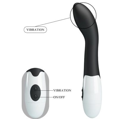 Vibrador preto e branco com comando à distância num fundo branco