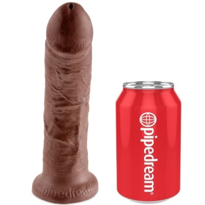 Produto em forma de pénis castanho ao lado de uma lata vermelha com texto 'pipedream'