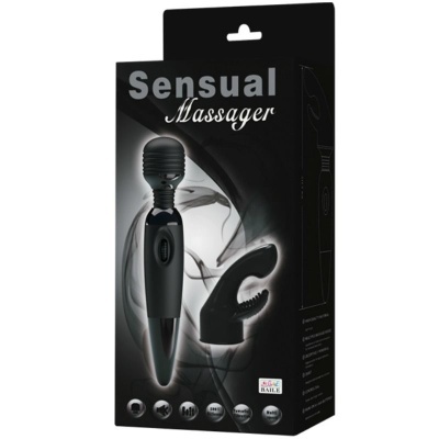 Embalagem preta de massajador Sensual Massager com dois dispositivos pretos e textura fumacenta cinza