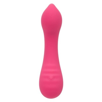 Vibrador rosa em silicone com botão e design curvo
