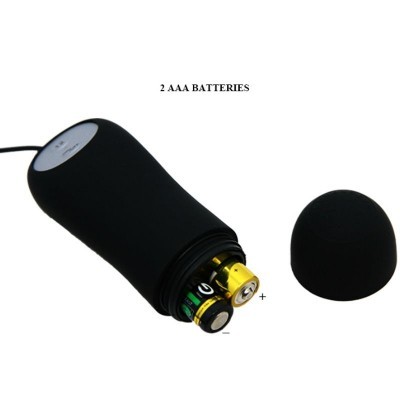 Aparelho preto cilíndrico com duas pilhas AAA e texto '2 AAA BATTERIES'