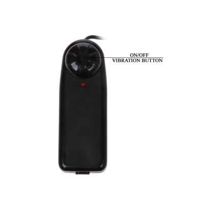 Comando preto retangular com botão rotativo e etiqueta ON/OFF VIBRATION BUTTON