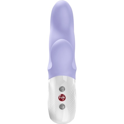 Vibrador lilás e branco com botão FUN e textura na base