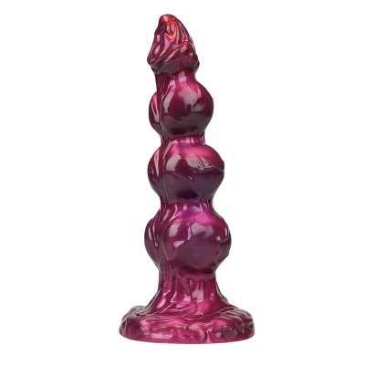 Dildo anal em silicone rosa e roxo com padrão marmoreado e textura esférica.