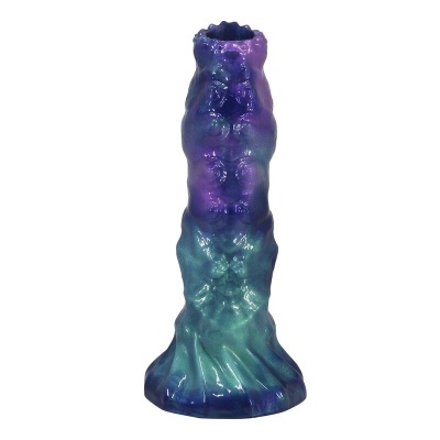Vaso de cerâmica azul e roxo com textura rugosa e formato alongado
