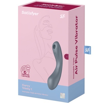 Caixa do vibrador Satisfyer Curvy Trinity 1 cinzento em embalagem rosa e azul