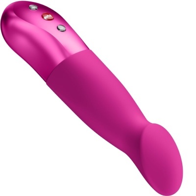 Vibrador rosa com botões prateados e vermelho