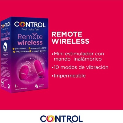 Embalagem roxa e rosa do produto CONTROL RemOte wireless com mini estimulador rosa e texto em fundo rosa