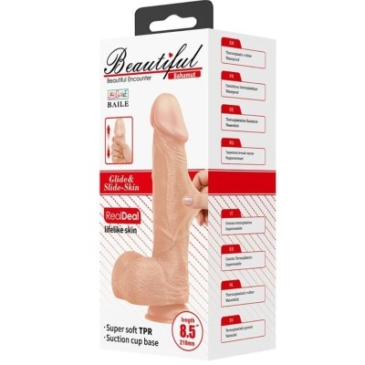 Embalagem produto dildo realista cor de pele com base de ventosa e comprimento 8,5 polegadas