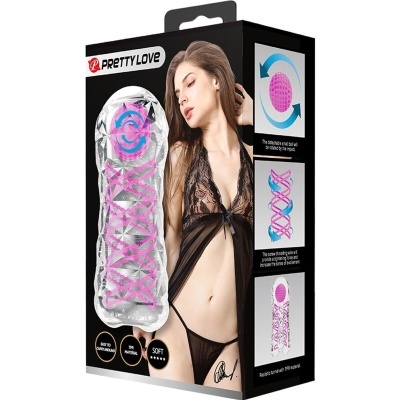 Embalagem de produto Pretty Love com acessório sexual transparente e rosa ao lado de mulher em lingerie preta
