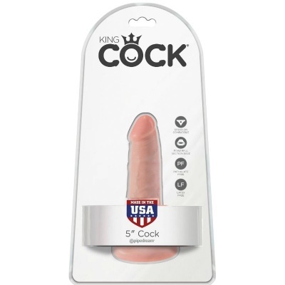 Produto King Cock dildo realista cor pele em embalagem com texto e bandeira USA